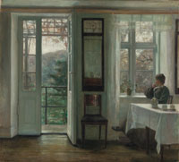 Carl Vilhelm Holsøe The Artist's Wife sitting at a Window in a Sunlit Room
