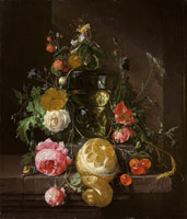 Cornelis de Heem A flower garland around a berkemeier on a ledge  