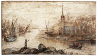 Cornelis Claesz. van Wieringen A harbour scene with shipping and a church at sundown