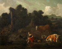 Dirk van Bergen A shepherdess resting by a river with her flock