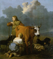 Karel Dujardin Shepherdess Milking a Red Cow