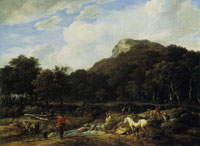 Jacob van Ruisdael Horsemen Fording a Stream in a Hilly Landscape