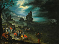 Jan Brueghel the Elder An Extensive Coastal Landscape with Jonah Being Cast Overboard Offshore