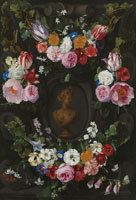 Jan Philip van Thielen Cartouche Decorated with Swags and Sprays of Flowers