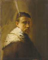 Follower of Rembrandt A man in a fur coat and a feathered hat
