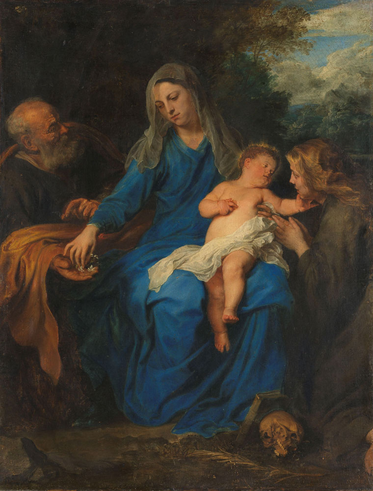 Follower of Anthony van Dyck - The Holy Family with a Female Saint in Adoration