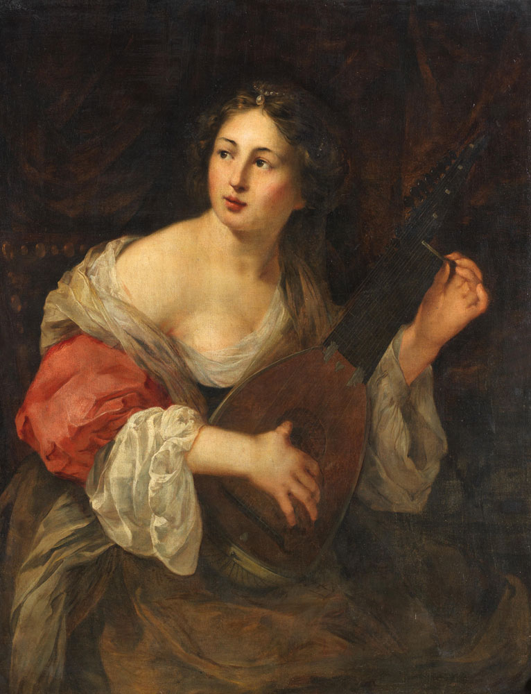 Antwerp School - A young woman playing the lute