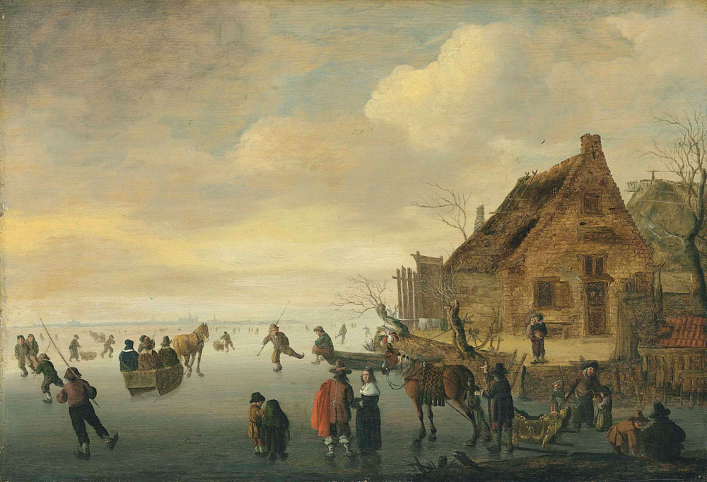 Cornelis Beelt - A winter landscape with horse-drawn sledges and figures skating