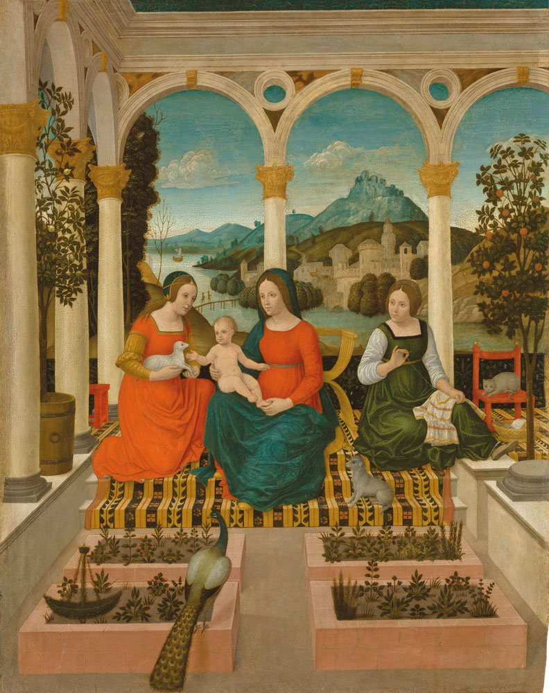 Ferrarese school - Madonna and Child, Saint Agnes and another saint in a hortus conclusus