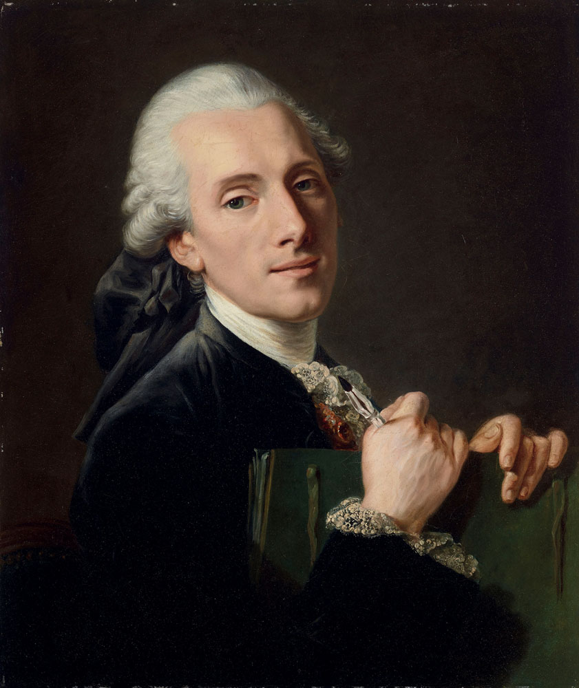 French School - Portrait of an artist, possibly Joseph-Marie Vien (1716-1809), holding a portfolio and stylus, bust-length