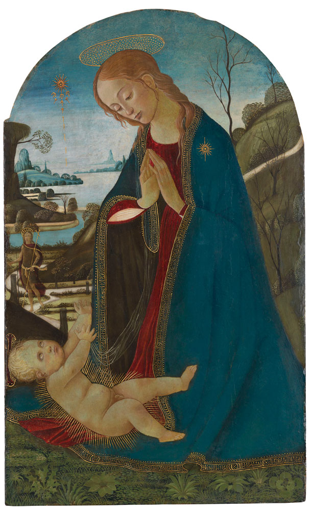 Studio of Jacopo del Sellaio - The Madonna adoring the Christ Child, with Saint John the Baptist beyond