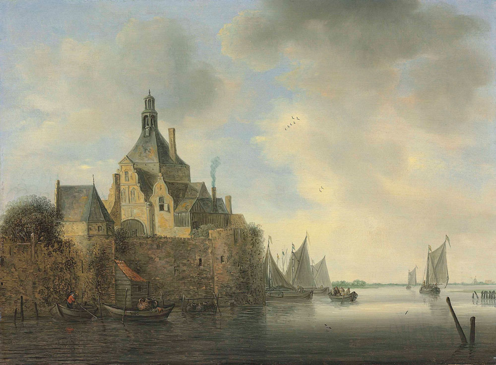 Wouter Knijff - A seascape with boats by a fortified village