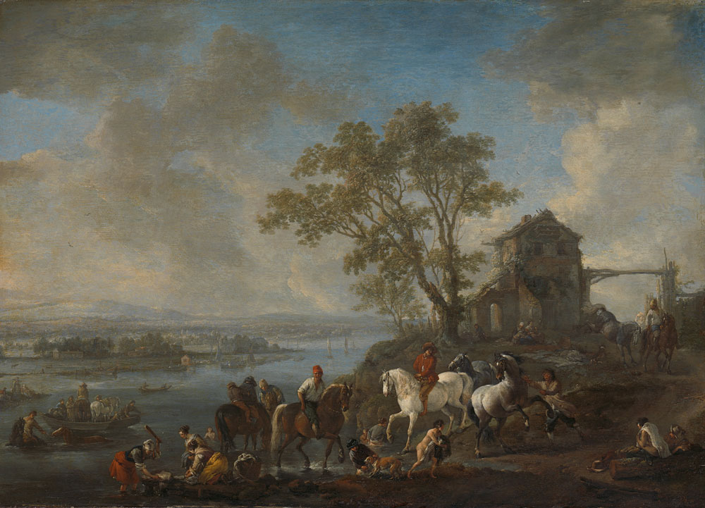 Philips Wouwerman - Horsepond on a River