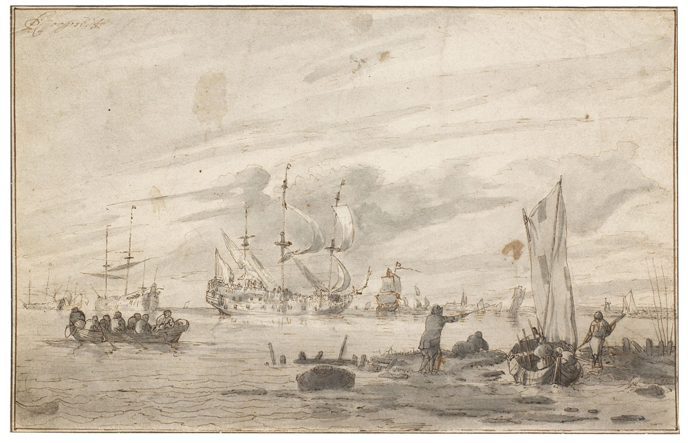 Pieter Coopse - A fisherman in the foreground, ships at anchor beyond
