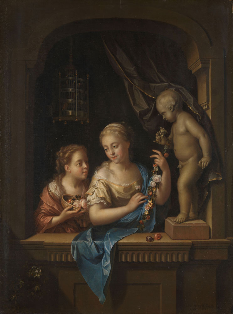 Pieter van der Werff - Two Girls with Flowers by a Statue of Cupid