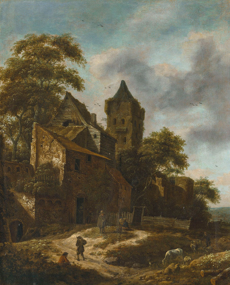 Roelof Jansz. van Vries - A landscape with cattle and figures on a path by a cottage