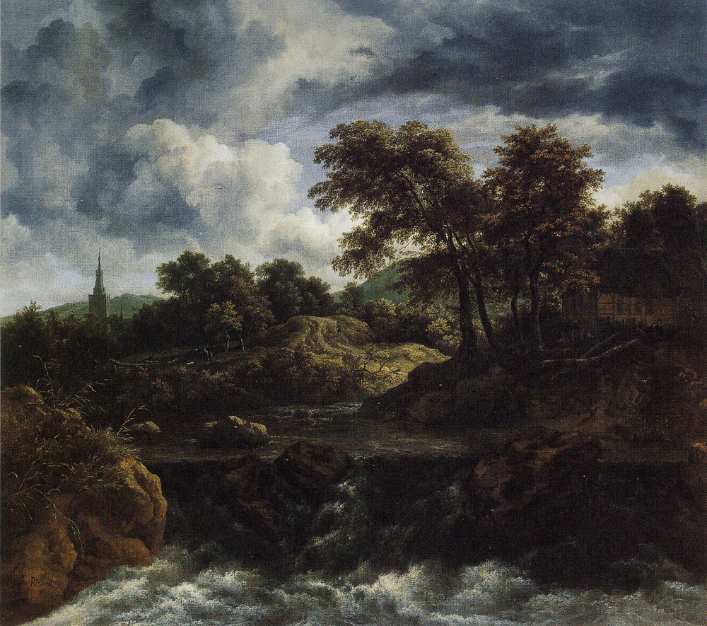 Jacob van Ruisdael - Wooded Landscape with a Waterfall, Half-timbered House and Church