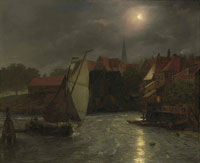 Andreas Achenbach Boats on a Canal, Moonlight