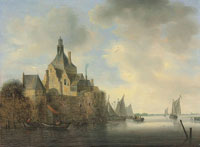 Wouter Knijff A seascape with boats by a fortified village