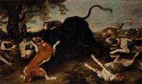 Paul de Vos Hounds attacking a bull in a landscape