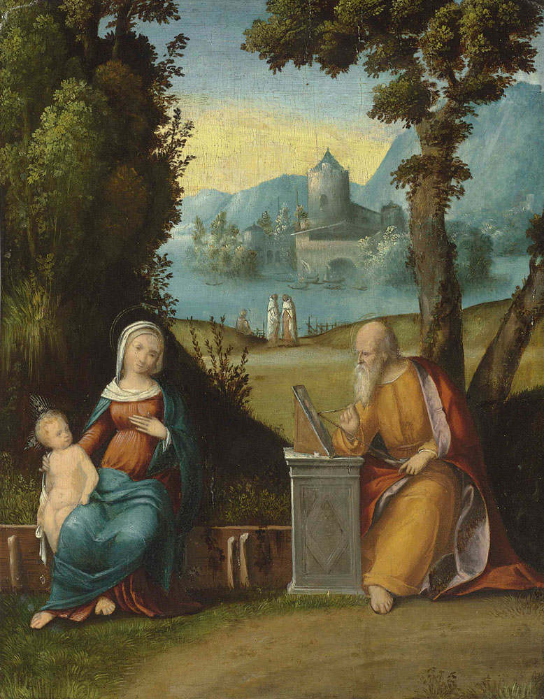 Benvenuto Tisi da Garofalo - The Madonna and Child, painted by Saint Luke, in a landscape