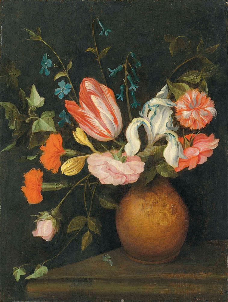 Attributed to Jan Brueghel the Younger - A vase with tulips and other flowers on a ledge