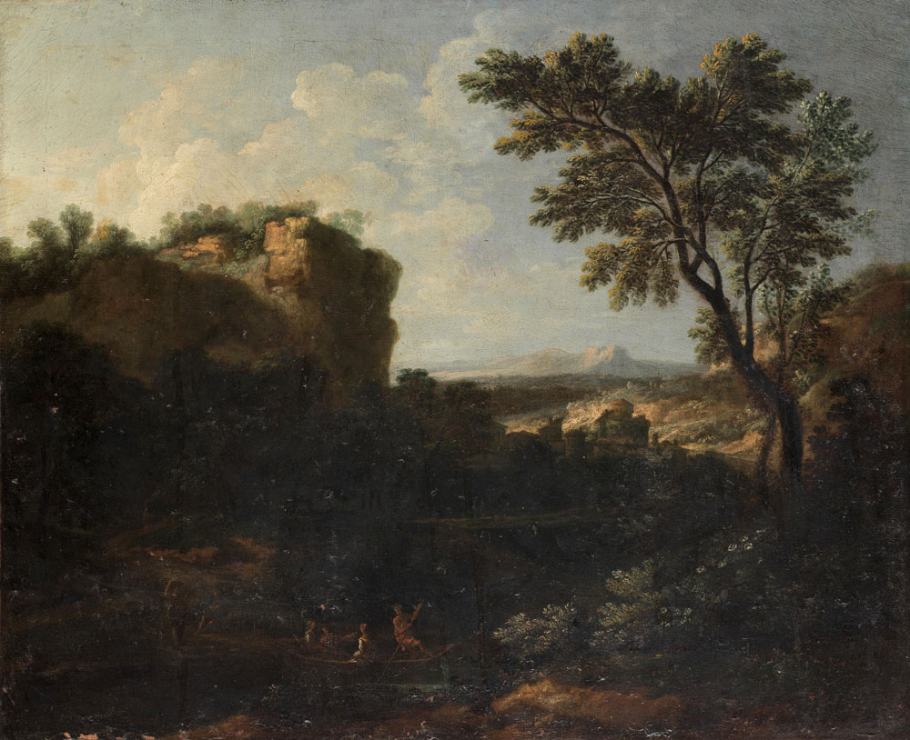Attributed to Cornelis Huysmans - A rocky river landscape with figures in a boat