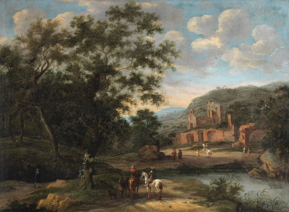 Attributed to Frederick de Moucheron - A river landscape with riders on horseback before ruins