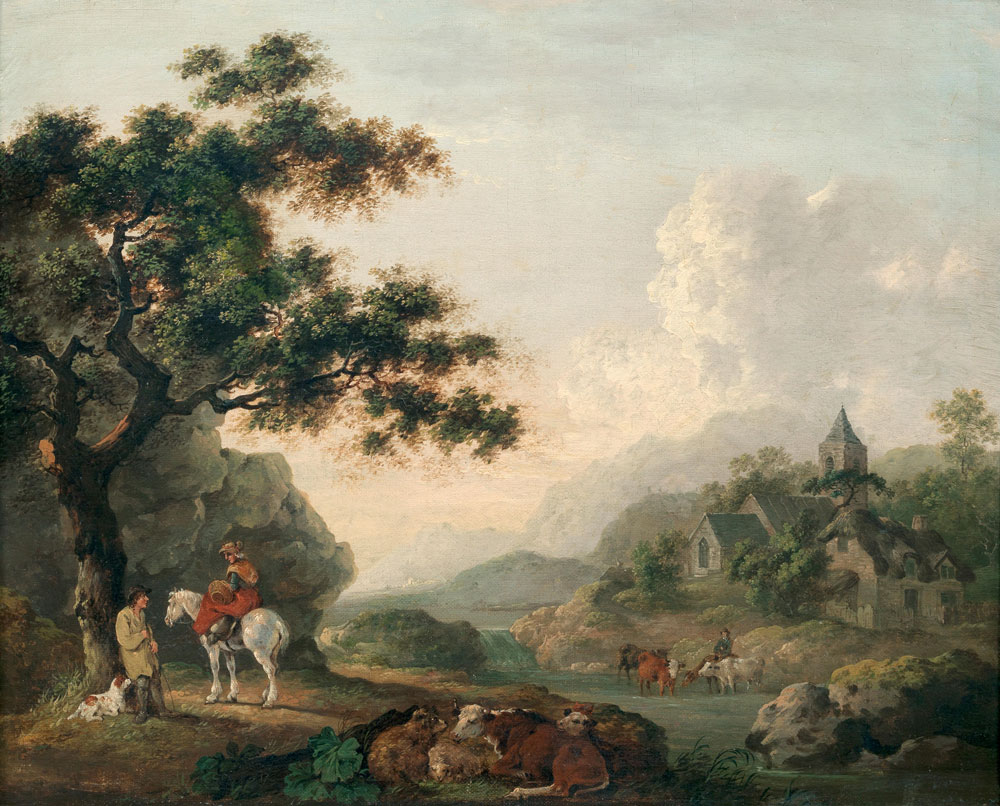 Follower of George Morland - A river landscape with cattle resting