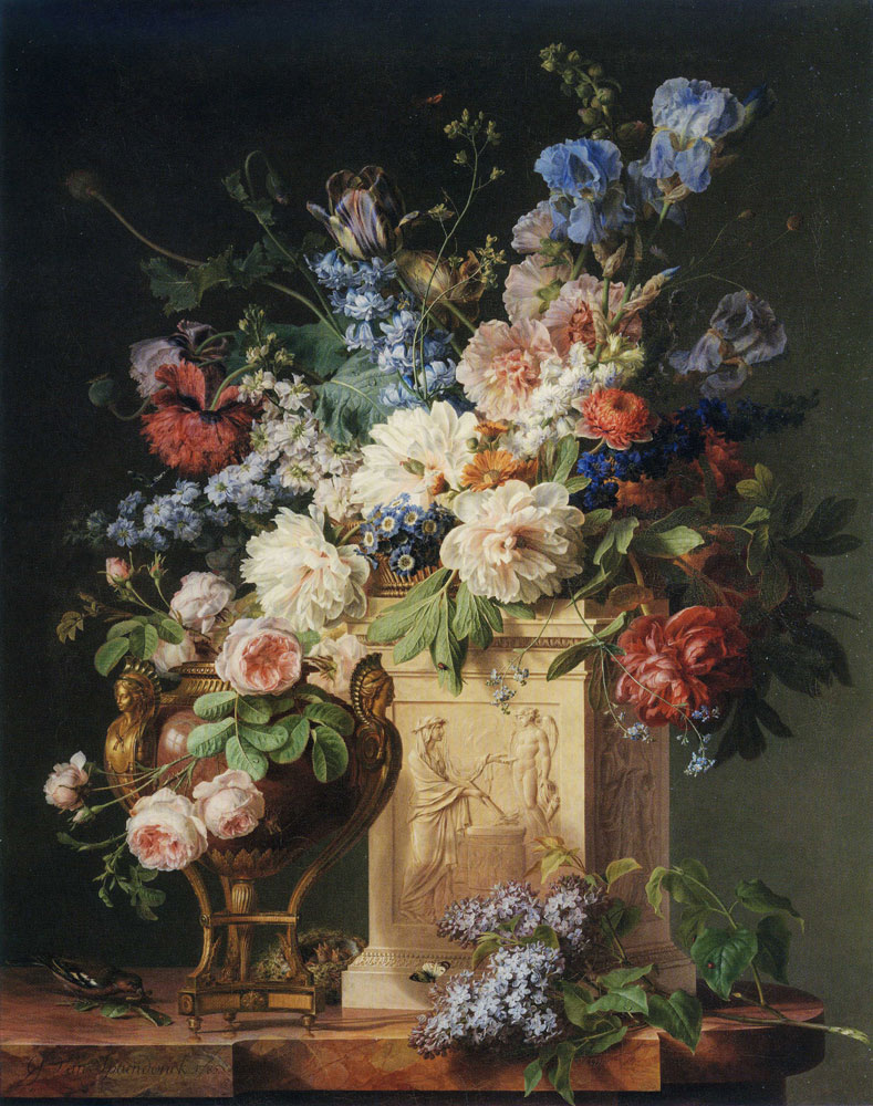 Gerard van Spaendonck - Alabaster Pedestal Decorated with a Relief with a Basket of Flowers and a Bronze Vase