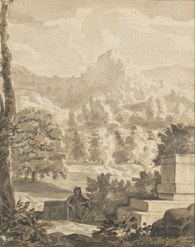 Attributed to Jan van Huysum - A figure reclining in a mountainous landscape
