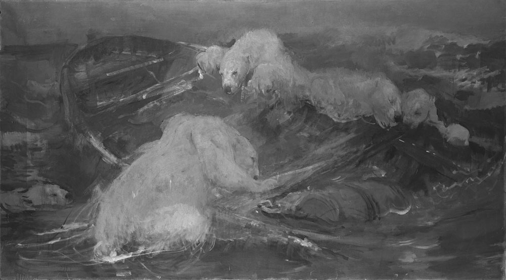 John Macallan Swan - Polar Bears Climbing into an Empty Drifting Lifeboat