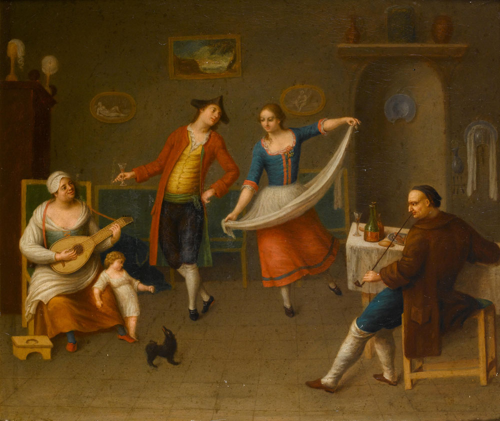 Pietro Fabris - An interior with figures dancing, drinking and smoking