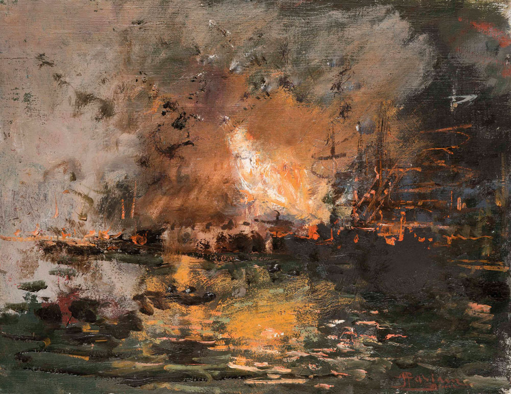 Pompeo Mariani - Boat on fire in a harbour