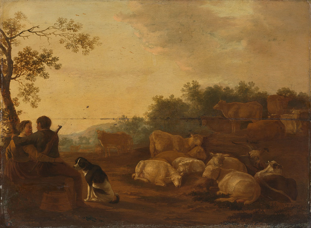 Willem Ossenbeeck - Landscape with shepherd, shepherdess and cattle