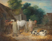Francis Wheatley A farmyard scene with horse and cart and pigs