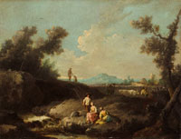 Giuseppe Zais Cow-herds resting on a path in an Italianate landscape
