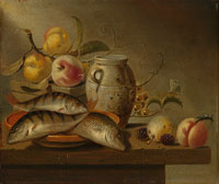 Harmen Steenwijck Still Life with Earthenware Jar, Fish and Fruit