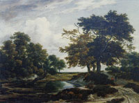 Jacob van Ruisdael Wooded Landscape with a Road and Three Oaks by a Pond