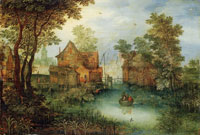 Jan Brueghel the Younger Village with a Canal and Ships