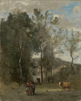Jean-Baptiste-Camille Corot Ville d'Avray, lisière de bois avec trois campagnards et une vache