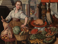 Copy after Joachim Beuckelaer Kitchen Scene, with Jesus in the House of Martha and Mary in the background