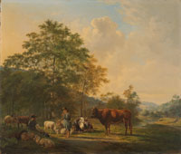 Pieter Gerardus van Os Hilly Landscape with Shepherd, Drover and Cattle