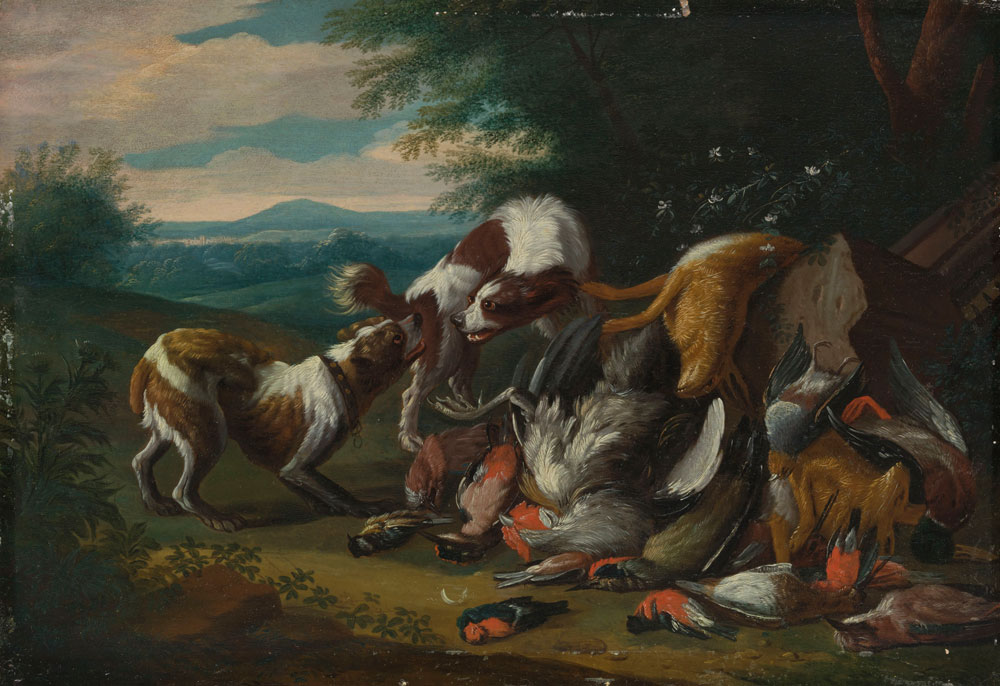 Attributed to Adriaen de Gryef - Dogs fighting over dead game in a landscape