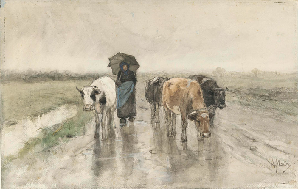 Anton Mauve - A Herdess with Cows on a Country Road in the Rain