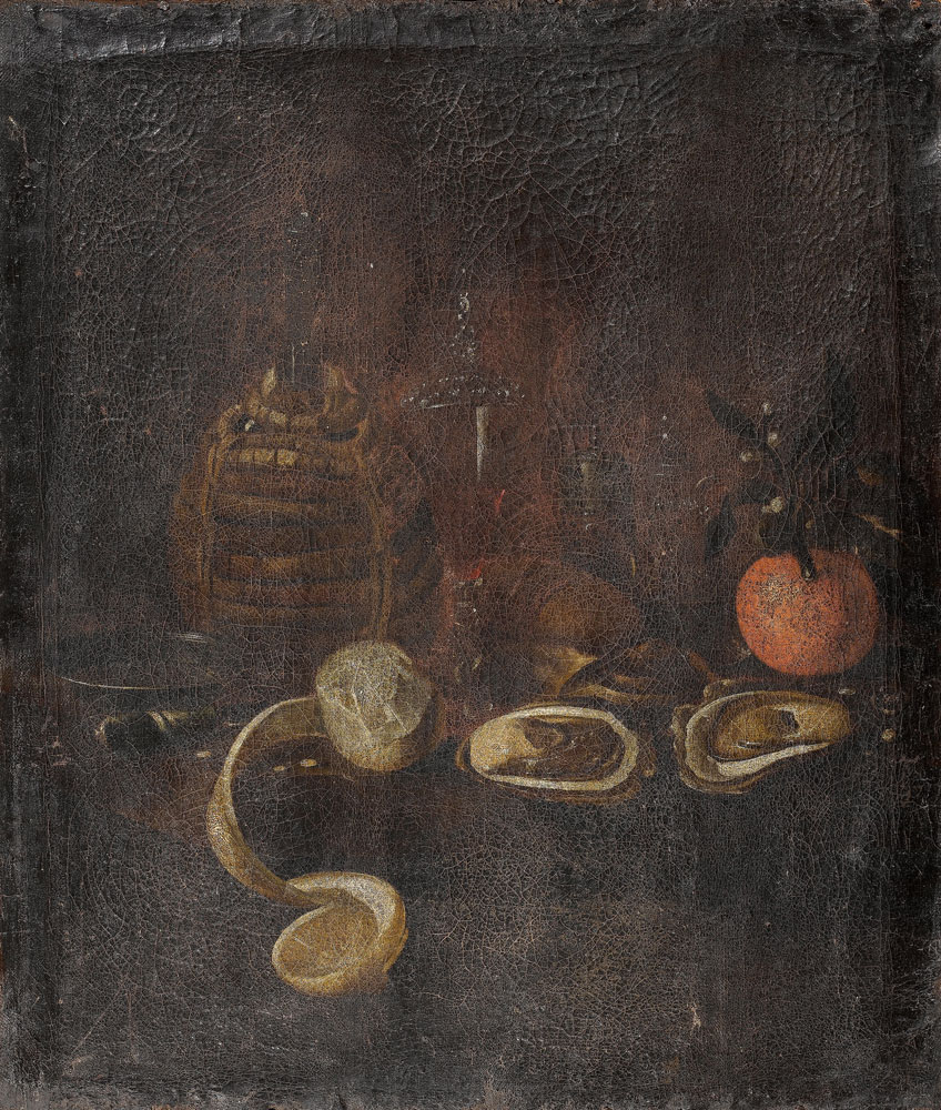 Follower of Barend van der Meer - A still life of a carafe of wine, a silver dish, a knife, a glass of red wine, oysters, a peeled lemon, a salt and an ornage on a table