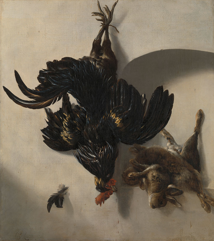 Cornelis Lelienbergh - Still Life with Black Rooster and two Rabbits
