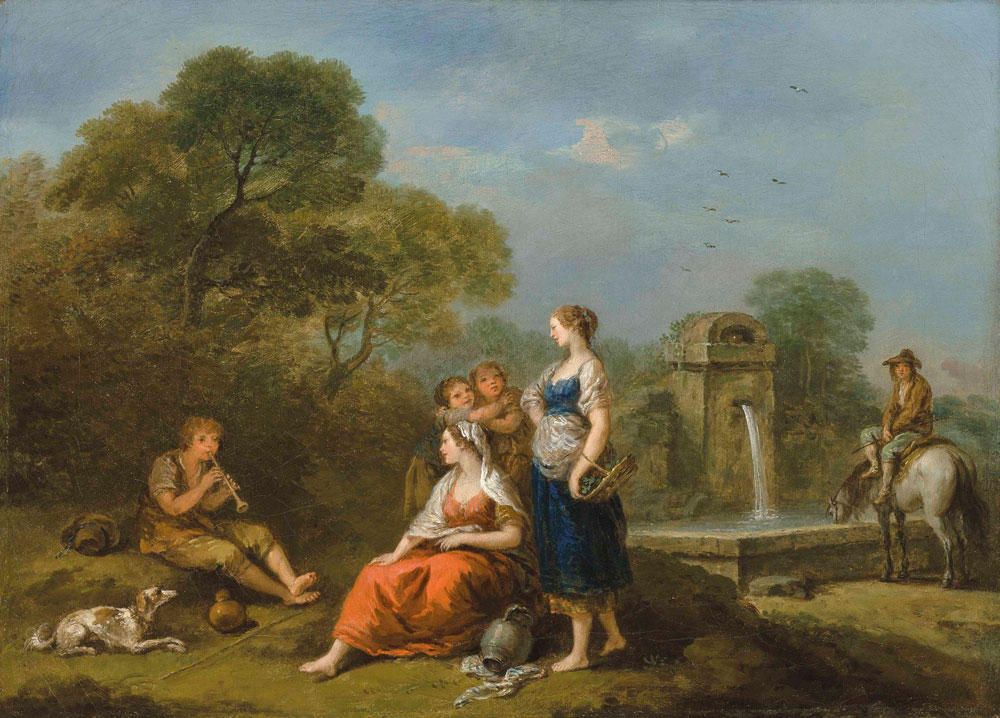 Francesco Zuccarelli - A pastoral landscape with figures at rest by a fountain, listening to a boy making music