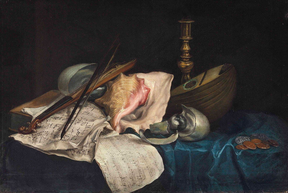 French School - A theorbo and a kit violin with sheet music, shells, a candlestick, and coins on a green cloth, on a table