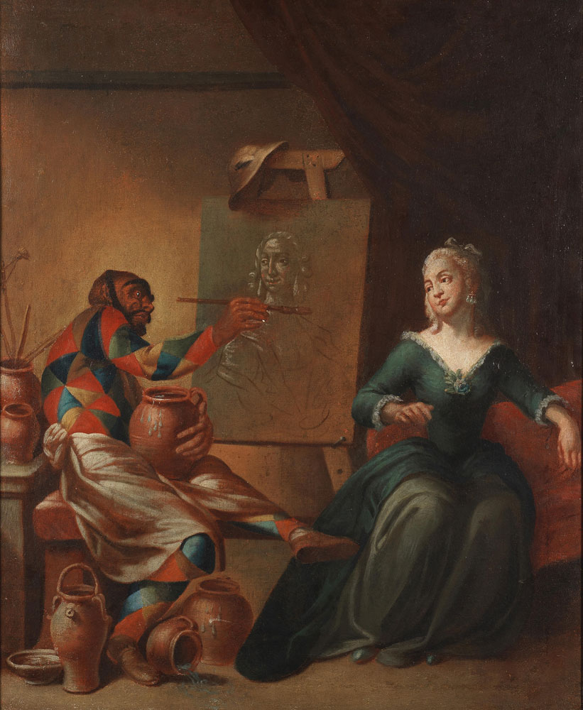 Giovanni Domenico Ferretti - Harlequin painting a portrait